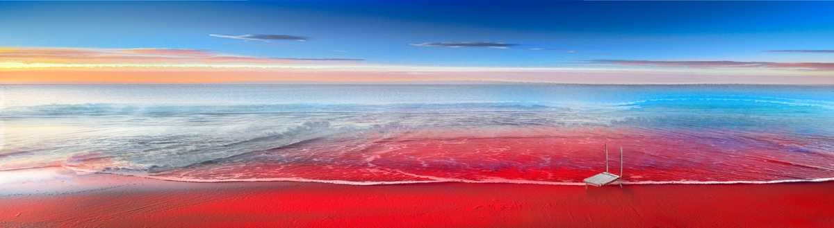 Aquagrafie Roter Strand mit Stuhl von Rainer Mienert